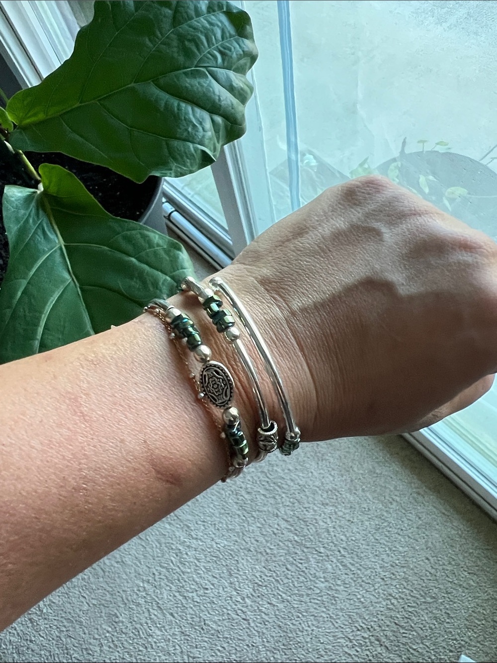 Silver and Green Beaded Multi-Stack Bracelet Set